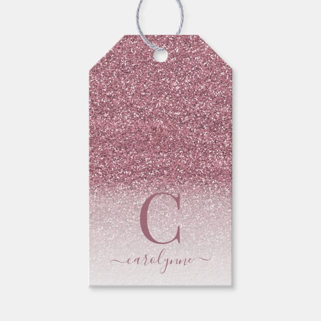 Chic Blush Pink | Rose Gold Glitzer Monogram Geschenkanhänger (Vorderseite)