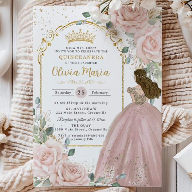 Chic Blush Pink Roses Blumenprinzessin Quinceañera Einladung (pastel-soft-blush-pink-floral-roses-gold-arch-princess-dress-sweet-16-birthday-xv-quinceanera-invite)
