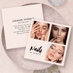 Chic Blush Pink Schwarzes Script 3 Foto Nail Artis Quadratische Visitenkarte