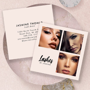 Chic Blush Pink Schwarzes Script 3 Foto Wimpernkün Quadratische Visitenkarte