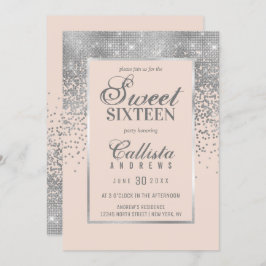 Chic Blush Pink Silver Glitzer Confetti Sweet 16 Einladung