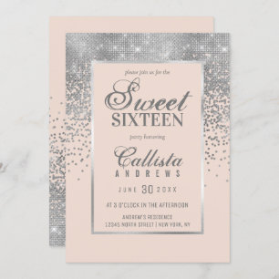 Chic Blush Pink Silver Glitzer Confetti Sweet 16 Einladung