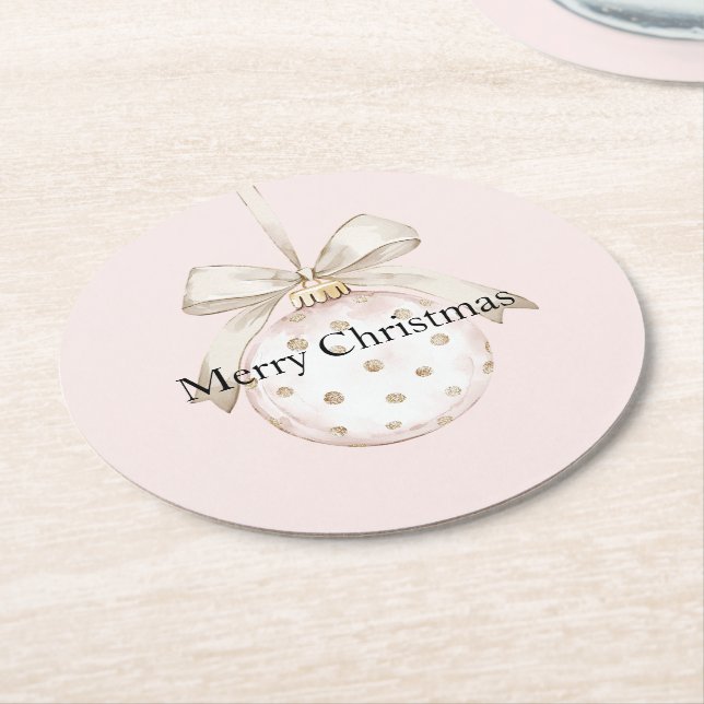 Chic Blush Pink White Dots Bow Ornament Weihnachte Runder Pappuntersetzer (Angewinkelt)