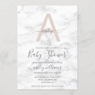 Chic Blush Pink White Marble Monogram Baby Dusche Einladung