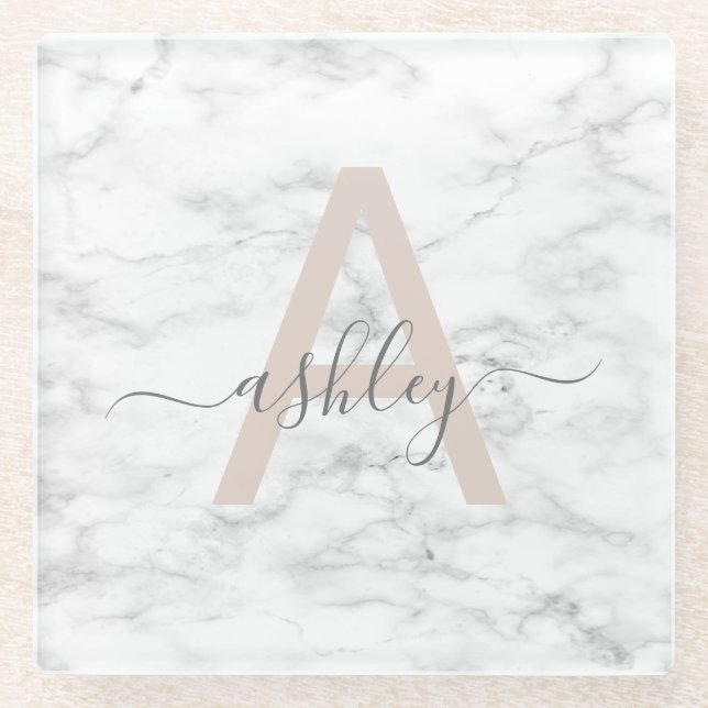 Chic Blush Pink White Marble Script Name Monogram Glasuntersetzer (Vorderseite)