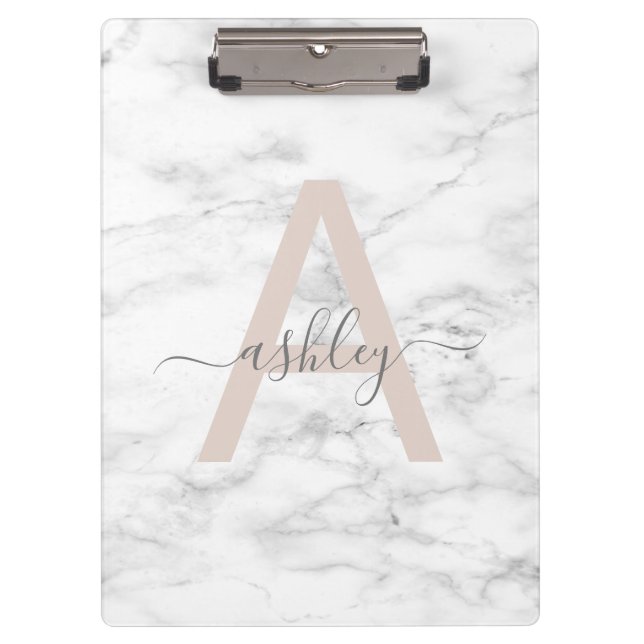Chic Blush Pink White Marble Script Name Monogram Klemmbrett (Vorderseite)