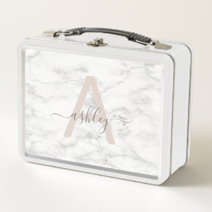 Chic Blush Pink White Marble Script Name Monogram Metall Brotdose