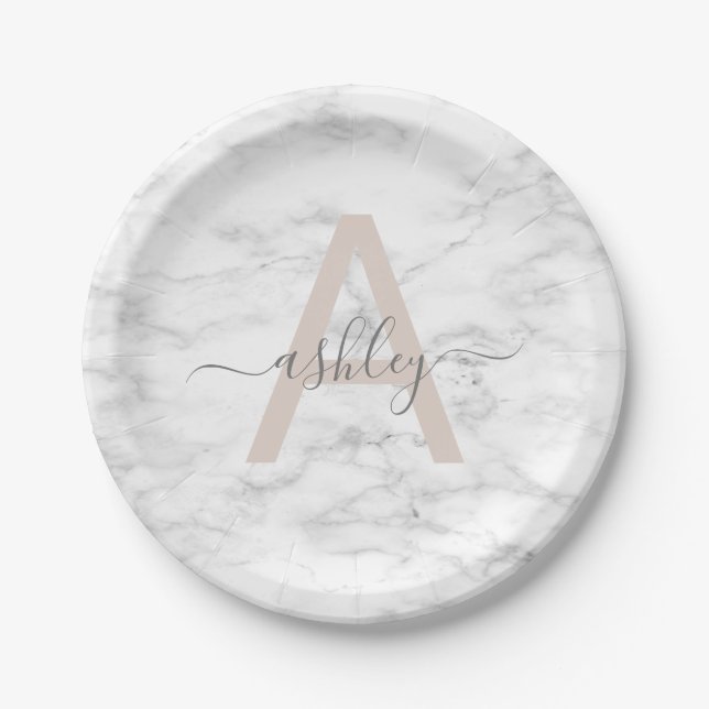 Chic Blush Pink White Marble Script Name Monogram Pappteller (Vorderseite)
