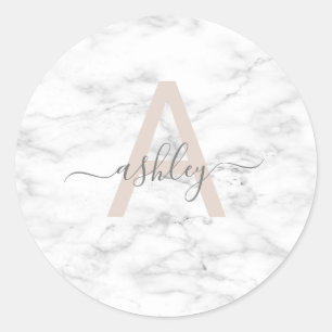 Chic Blush Pink White Marble Script Name Monogram Runder Aufkleber