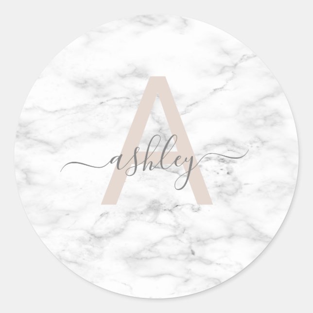 Chic Blush Pink White Marble Script Name Monogram Runder Aufkleber (Vorderseite)