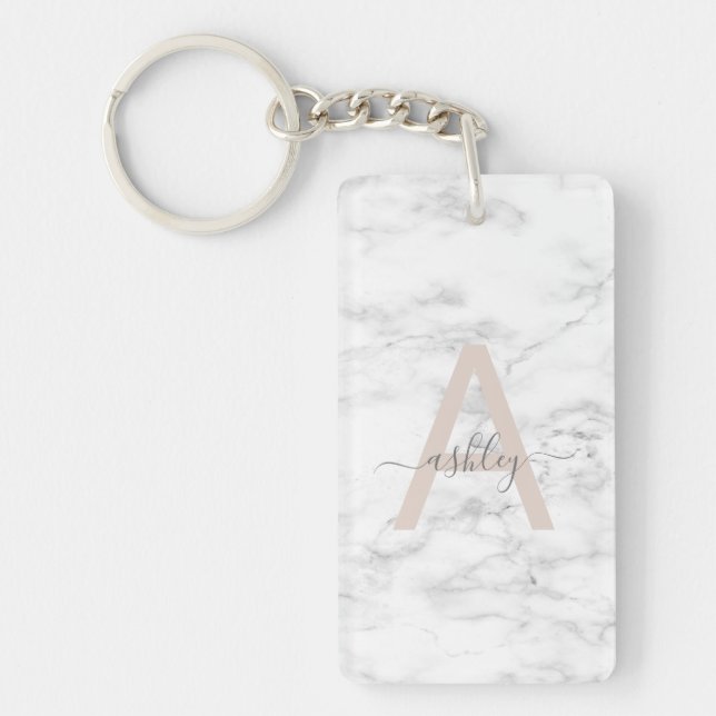 Chic Blush Pink White Marble Script Name Monogram Schlüsselanhänger (Vorderseite)
