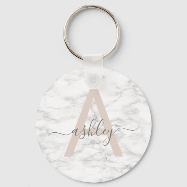 Chic Blush Pink White Marble Script Name Monogram Schlüsselanhänger (Vorderseite)