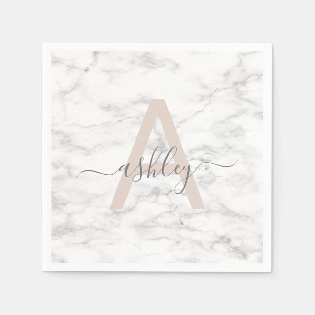 Chic Blush Pink White Marble Script Name Monogram Serviette (Vorderseite)