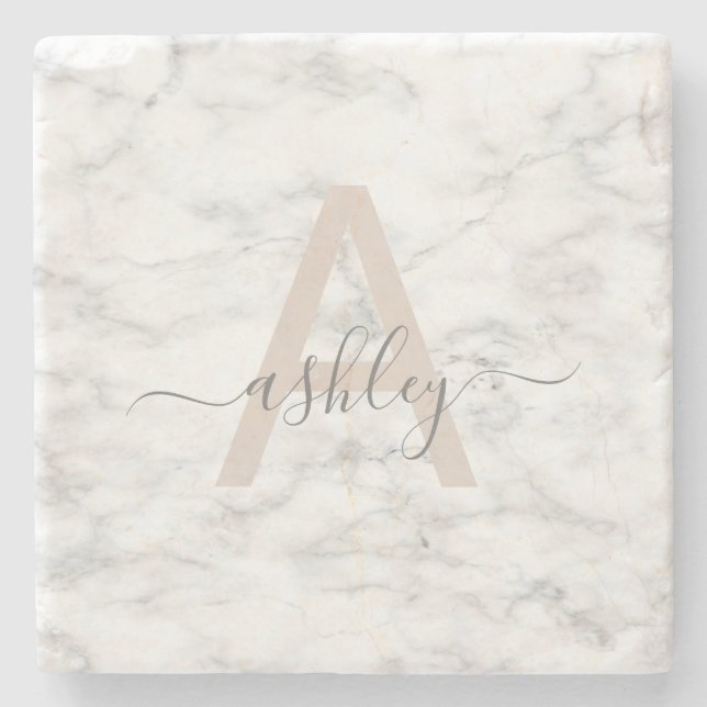 Chic Blush Pink White Marble Script Name Monogram Steinuntersetzer (Vorderseite)
