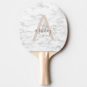 Chic Blush Pink White Marble Script Name Monogram Tischtennis Schläger