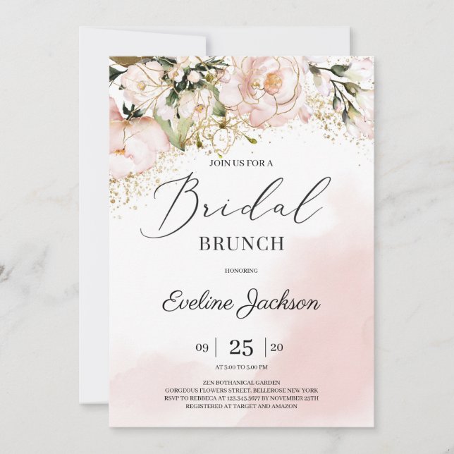 Chic Blush rosa Blütengold Boho Bridal Brunch Einladung (Vorderseite)