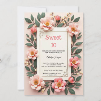 Chic Blush Rosa Floral Süße 10 Geburtstagsfeier Ei Einladung