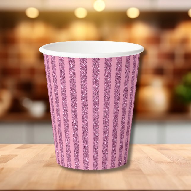 Chic Blush Rosa Glitter Style Vertikale Streifen Pappbecher (Von Creator hochgeladen)