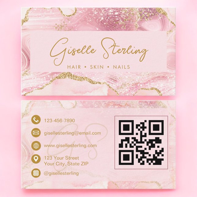 Chic Blush Rosa Gold Achat Marmor QR Code Luxus Visitenkarte (Von Creator hochgeladen)