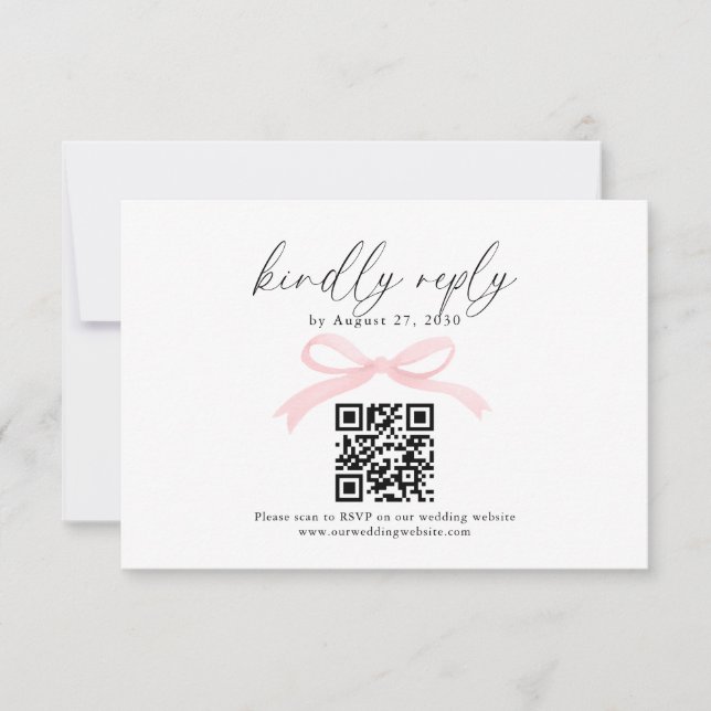 Chic Blush Rosa Schleifenband QR Code Hochzeit RSV RSVP Karte (Vorderseite)