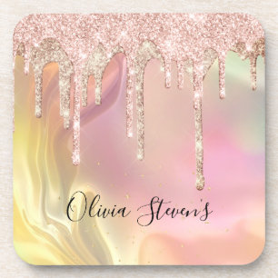 Chic Blush Rose Einhorn Tropf Glitzer Monogramm Getränkeuntersetzer