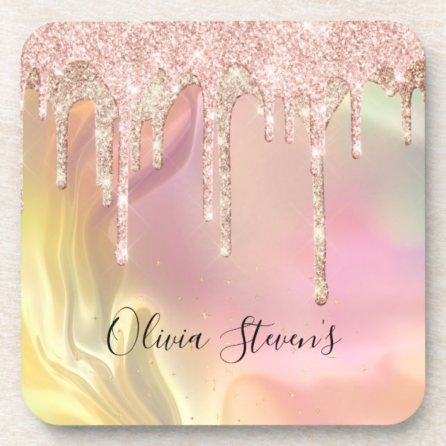 Chic Blush Rose Einhorn Tropf Glitzer Monogramm Getränkeuntersetzer (Vorderseite)