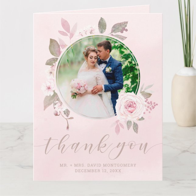 Chic Blush Rose Floral Wedding Foto Vielen Dank Dankeskarte (Vorderseite)