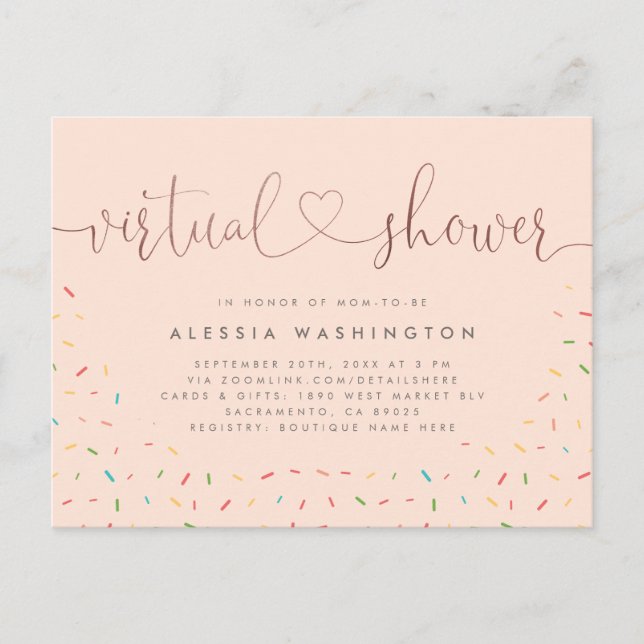 Chic Blush & Rose Gold Calligraphy Virtual Shower Einladungspostkarte (Vorderseite)