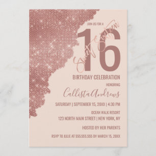 Chic Blush Rose Gold Glitzer Farbblock Sweet 16 Einladung