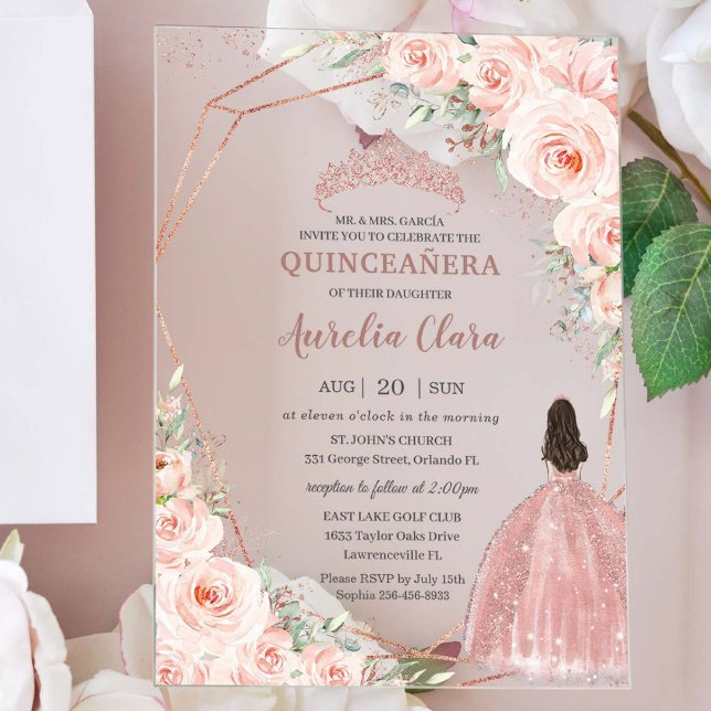 Chic Blush Rose Gold Quinceñera Princess Acryleinladungen (Von Creator hochgeladen)