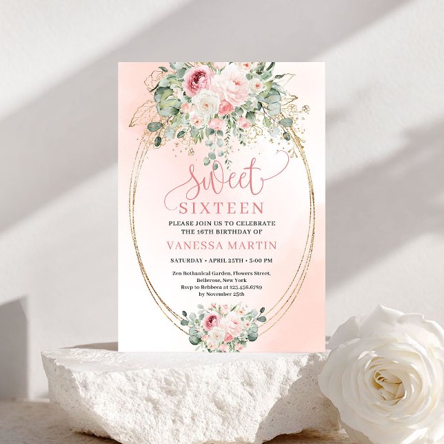 Chic Blush Roses Greenery Sweet Sixteen Invite Einladung (Chic Blush Roses Greenery Sweet Sixteen Invite)