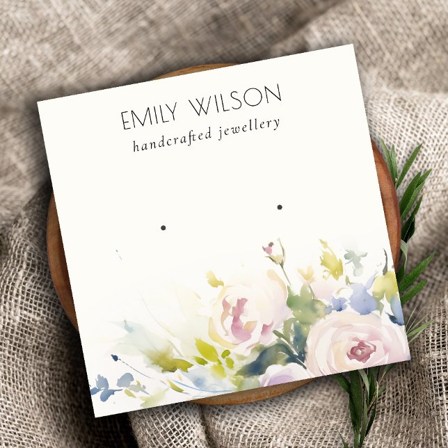 Chic Blush Roses Watercolor Floral Earring Display Quadratische Visitenkarte (Von Creator hochgeladen)