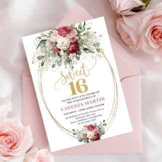 Chic Blush Rot Grün Sweet Sixteen Geburtstag Einladung