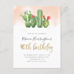 Chic Blush Watercolor & Cactus 40. Geburtstag Einladungspostkarte