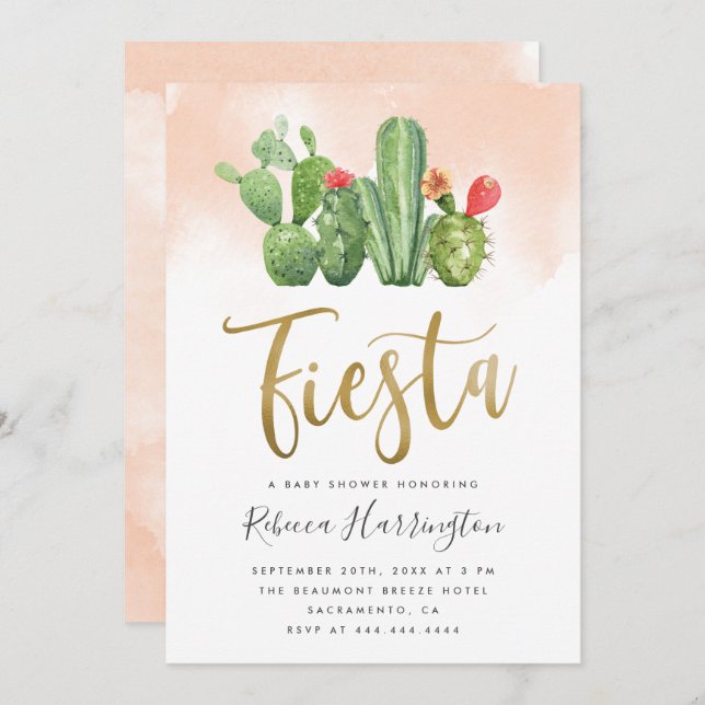 Chic Blush Watercolor & Cactus Fiesta Kinderdusche Einladung (Vorne/Hinten)