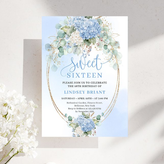 Chic Bohemian Blue Floral Gold Sweet 16 Invite Einladung (Chic Bohemian Blue Floral Gold Sweet 16 Invite)
