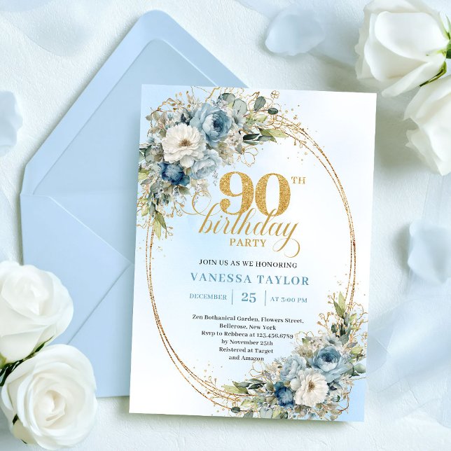 Chic Bohemian Blue Floral Greenery 90th Birthday Einladung (Chic Bohemian Blue Floral Greenery 90th Birthday)