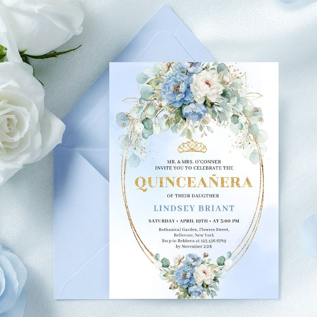 Chic Bohemian Blue Floral Printable Quinceañera  Einladung (Chic Bohemian Blue Floral Printable Quinceañera Invite)