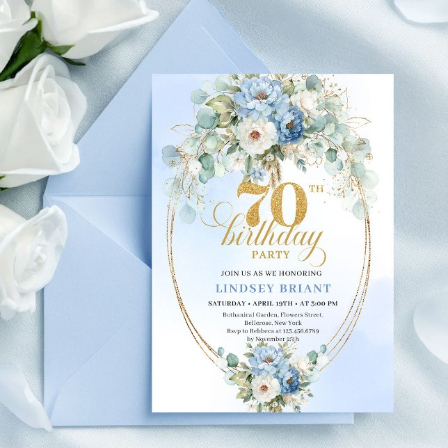 Chic Bohemian Pastel Blue Peonies 70th Birthday  Einladung (Chic Bohemian Pastel Blue Peonies 70th Birthday Invite

)