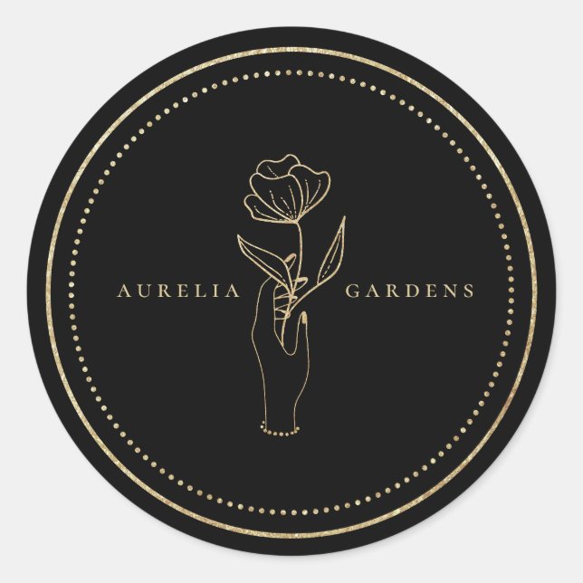 Chic Bohemisch Golden Floral Logo Runder Aufkleber (Vorderseite)