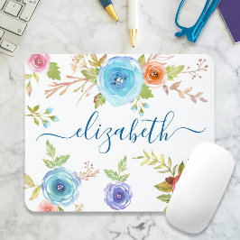 Chic boho Blue floral Aquarellschrift Monogramm Mousepad