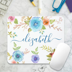 Chic boho Blue floral Aquarellschrift Monogramm Mousepad