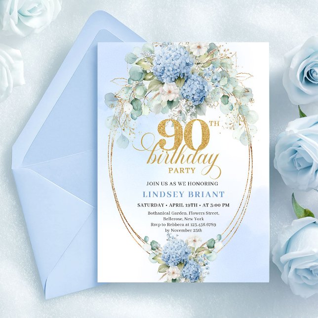 Chic Boho Blue Hydrangea Floral Gold 90th Birthday Einladung (Chic Blue Hydrangea Floral Gold 90th Birthday Invite)
