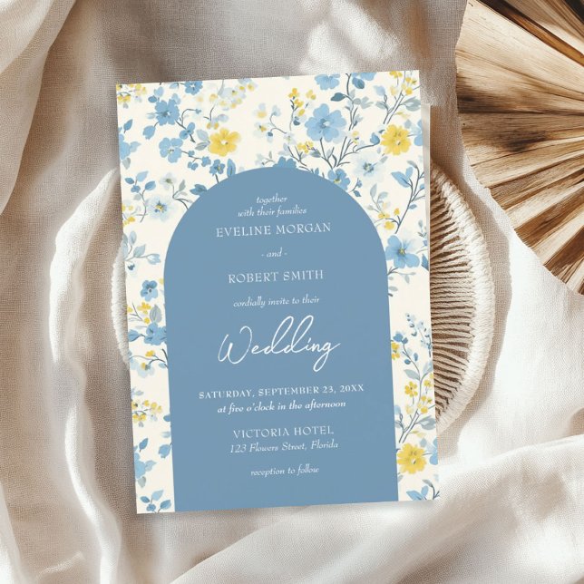 Chic Boho Blume Blau und Gelb Einladung (Chic Boho blue and yellow cottage flowers arch Invitation)