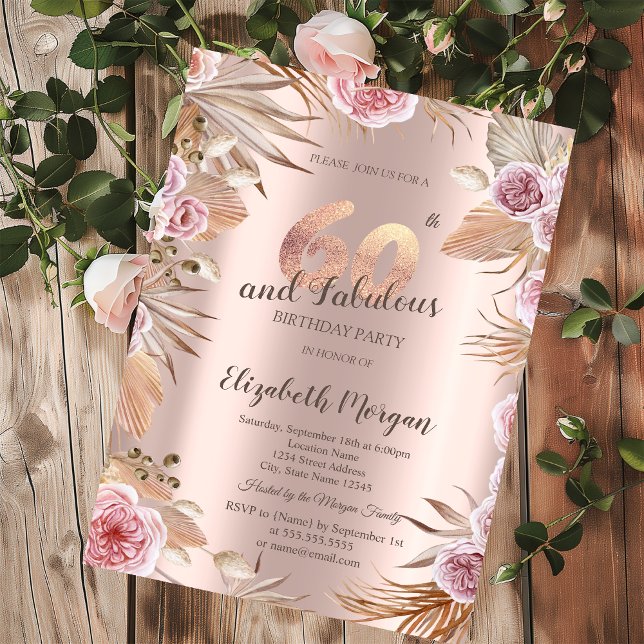 Chic Boho Blume Rose Gold 60. Geburtstag Einladung (Von Creator hochgeladen)