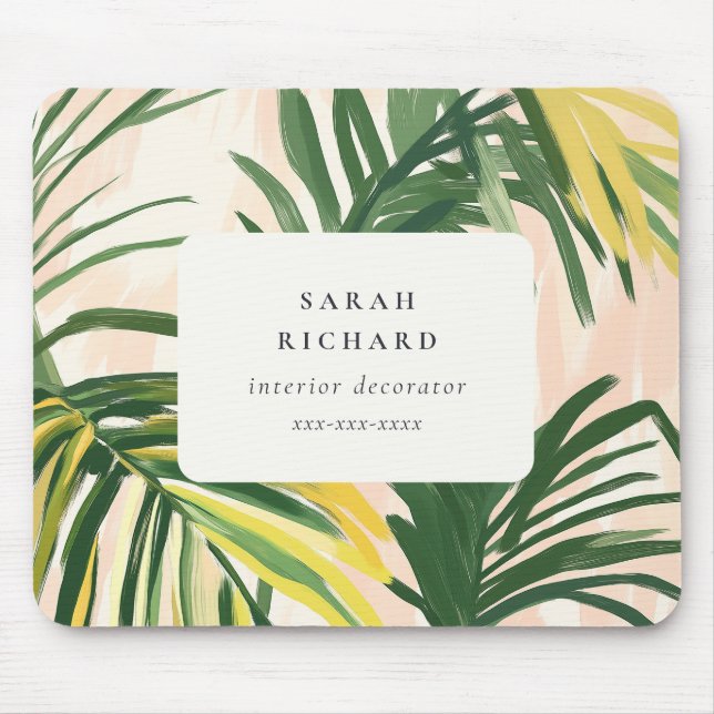 Chic Boho Blush Green Tropical Palm Blätter Strand Mousepad (Vorne)