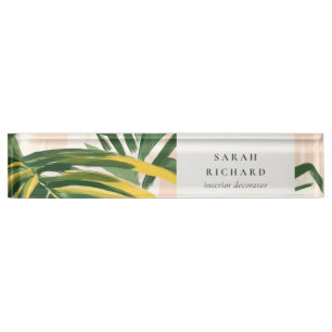 Chic Boho Blush Green Tropical Palm Blätter Strand Namensplakette