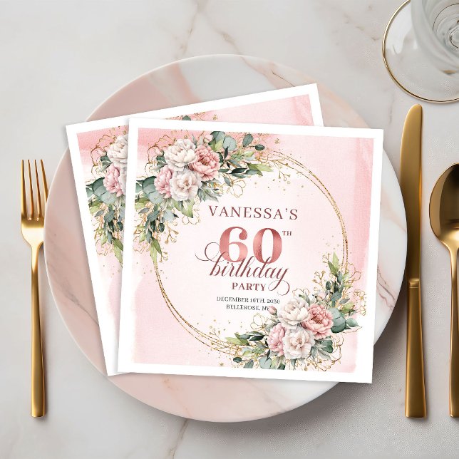 Chic Boho Blush Rosa Grün 60. Geburtstag Serviette (Chic Boho Blush Pink Greenery 60th Birthday Napkins)