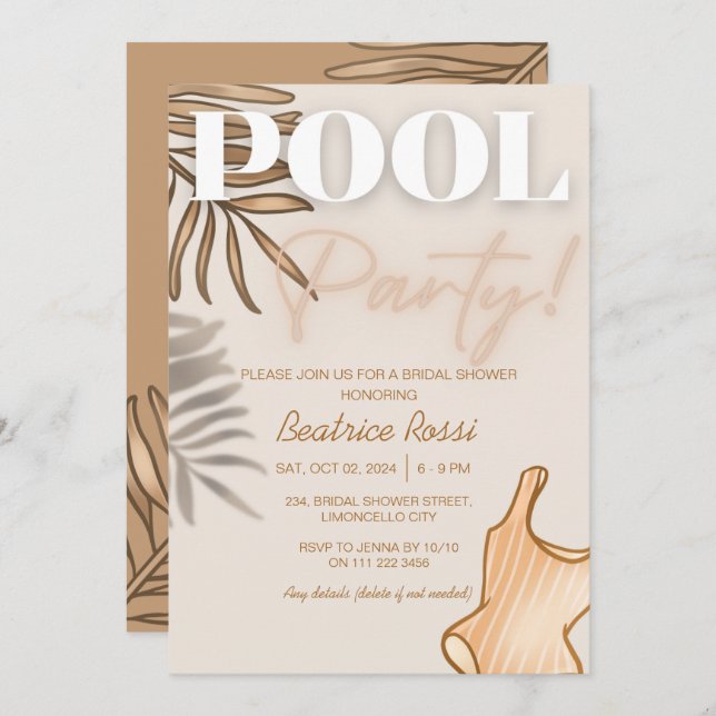 Chic Boho Brautparty Beige Pool Party Einladung (Vorne/Hinten)