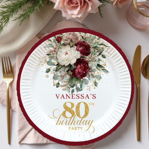 Chic Boho Burgunder Blumen Gold 80. Geburtstag Pap Pappteller